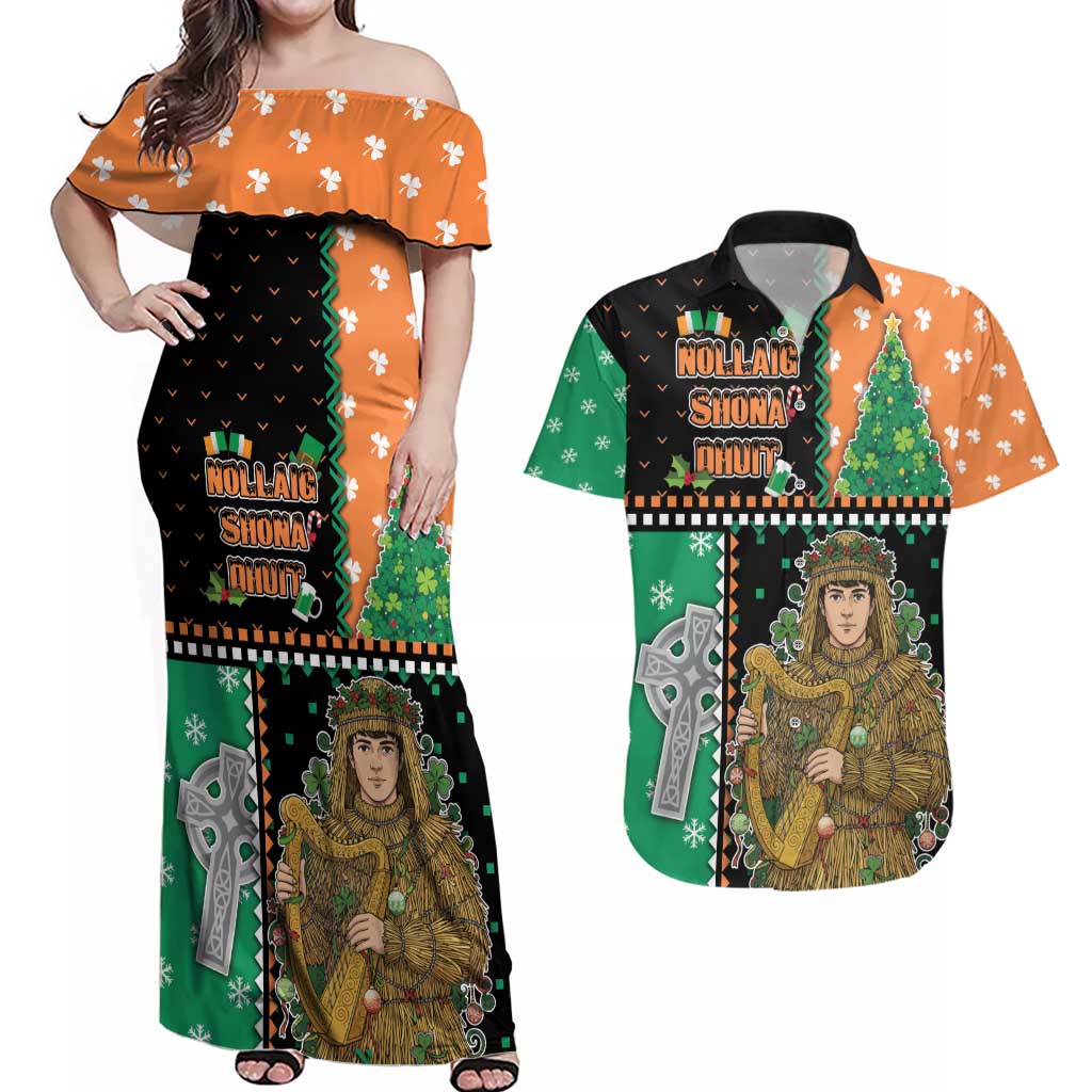 Ireland Christmas Couples Matching Off Shoulder Maxi Dress and Hawaiian Shirt Wren Boy With Shamrock Xmas Tree - Wonder Print Shop