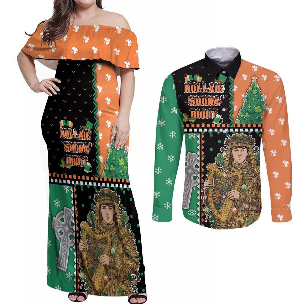 Ireland Christmas Couples Matching Off Shoulder Maxi Dress and Long Sleeve Button Shirt Wren Boy With Shamrock Xmas Tree - Wonder Print Shop