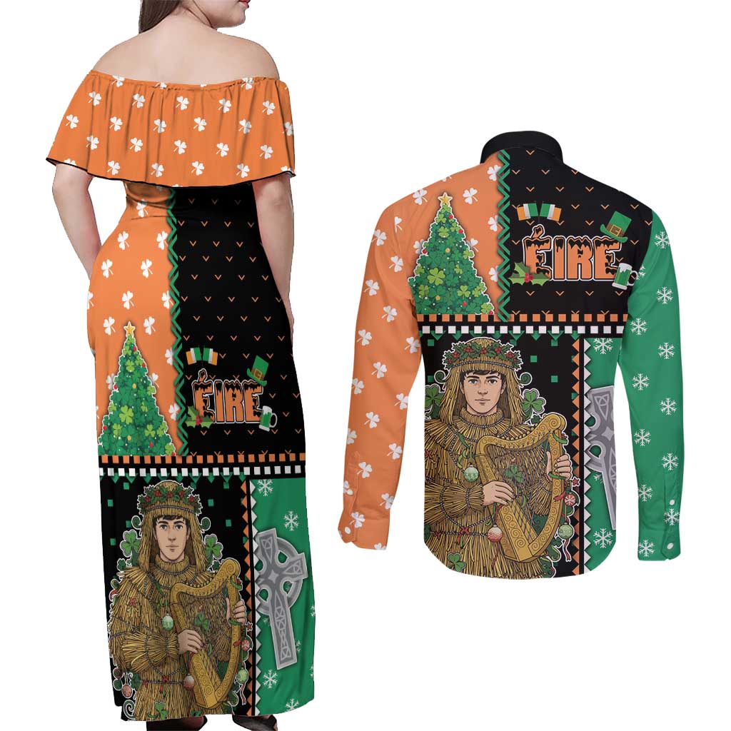 Ireland Christmas Couples Matching Off Shoulder Maxi Dress and Long Sleeve Button Shirt Wren Boy With Shamrock Xmas Tree - Wonder Print Shop