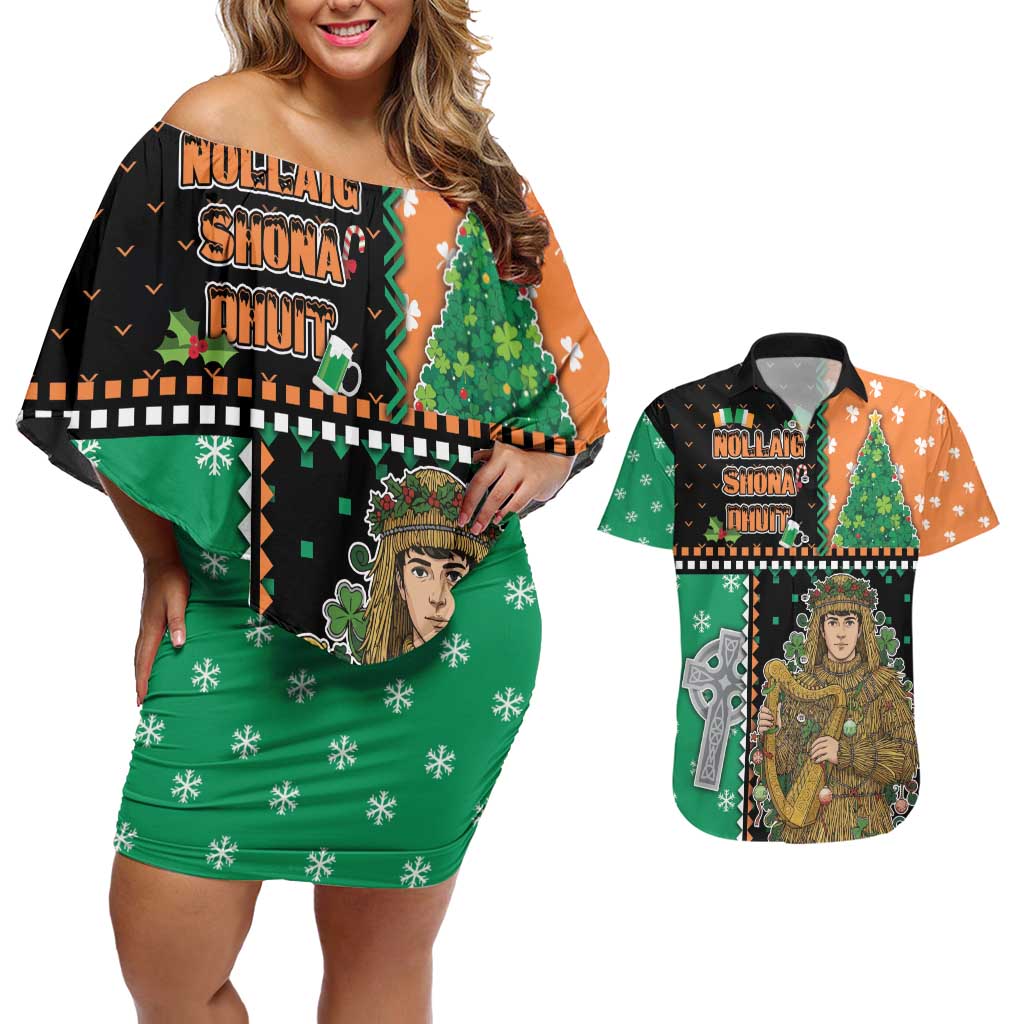 Ireland Christmas Couples Matching Off Shoulder Short Dress and Hawaiian Shirt Wren Boy With Shamrock Xmas Tree - Wonder Print Shop