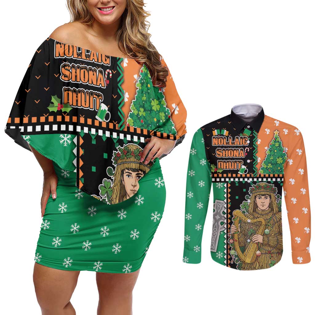 Ireland Christmas Couples Matching Off Shoulder Short Dress and Long Sleeve Button Shirt Wren Boy With Shamrock Xmas Tree - Wonder Print Shop