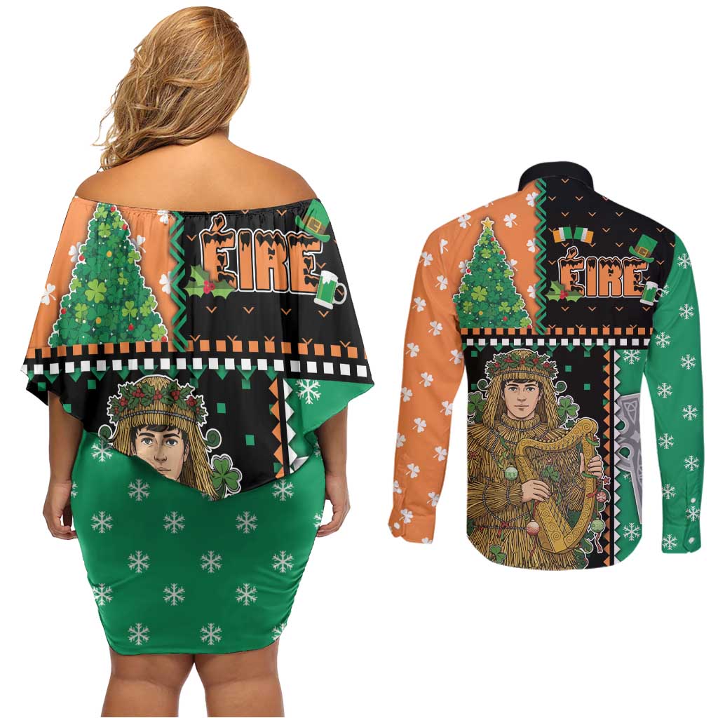 Ireland Christmas Couples Matching Off Shoulder Short Dress and Long Sleeve Button Shirt Wren Boy With Shamrock Xmas Tree - Wonder Print Shop