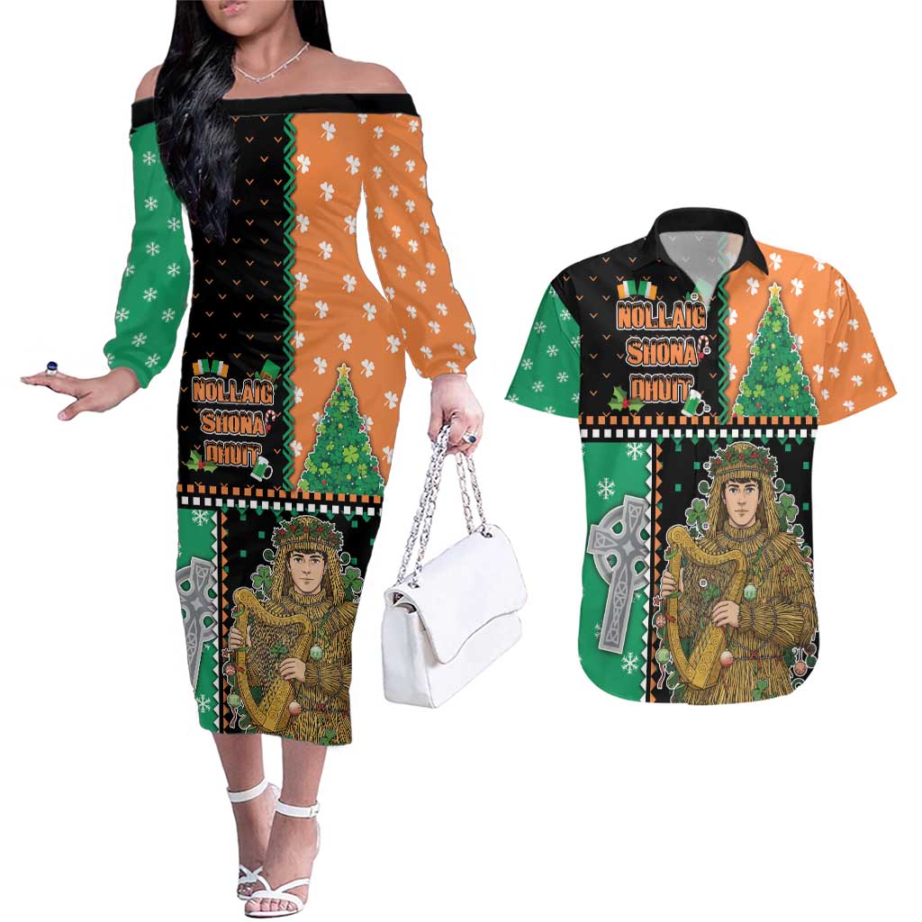 Ireland Christmas Couples Matching Off The Shoulder Long Sleeve Dress and Hawaiian Shirt Wren Boy With Shamrock Xmas Tree - Wonder Print Shop