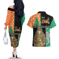 Ireland Christmas Couples Matching Off The Shoulder Long Sleeve Dress and Hawaiian Shirt Wren Boy With Shamrock Xmas Tree - Wonder Print Shop