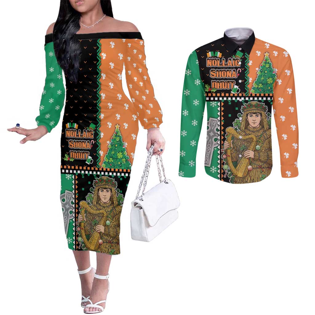 Ireland Christmas Couples Matching Off The Shoulder Long Sleeve Dress and Long Sleeve Button Shirt Wren Boy With Shamrock Xmas Tree - Wonder Print Shop