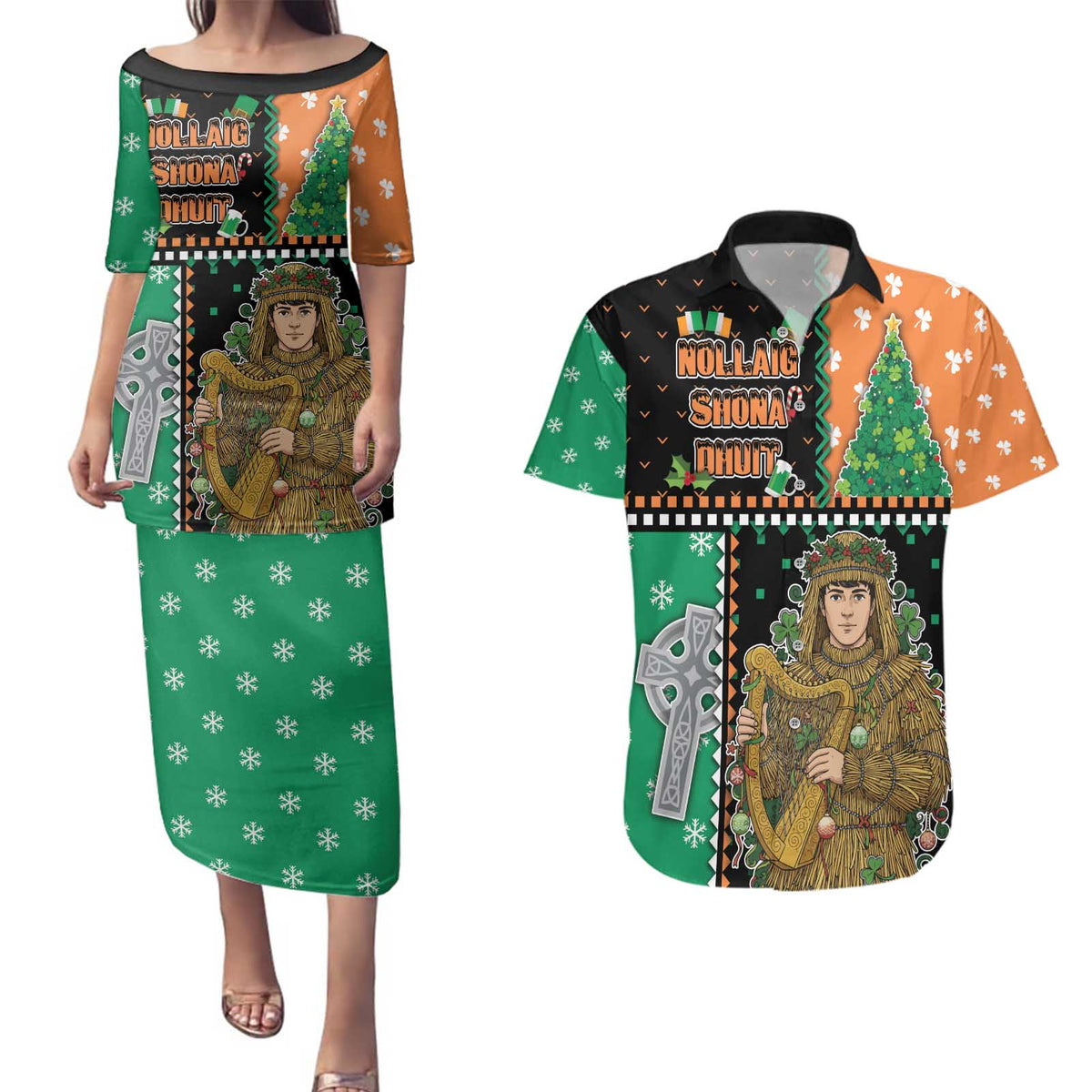 Ireland Christmas Couples Matching Puletasi and Hawaiian Shirt Wren Boy With Shamrock Xmas Tree - Wonder Print Shop
