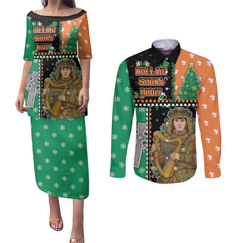 Ireland Christmas Couples Matching Puletasi and Long Sleeve Button Shirt Wren Boy With Shamrock Xmas Tree - Wonder Print Shop
