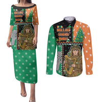Ireland Christmas Couples Matching Puletasi and Long Sleeve Button Shirt Wren Boy With Shamrock Xmas Tree - Wonder Print Shop