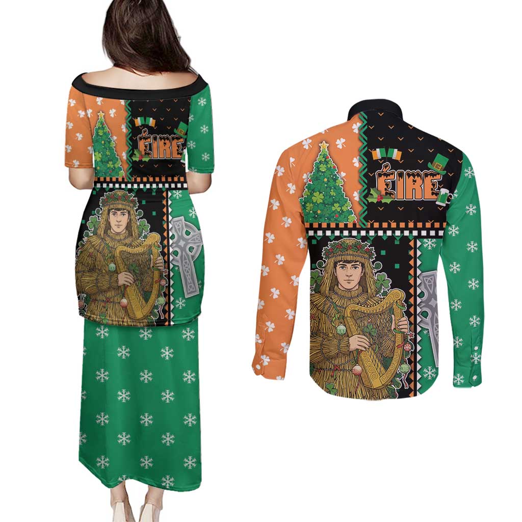 Ireland Christmas Couples Matching Puletasi and Long Sleeve Button Shirt Wren Boy With Shamrock Xmas Tree - Wonder Print Shop