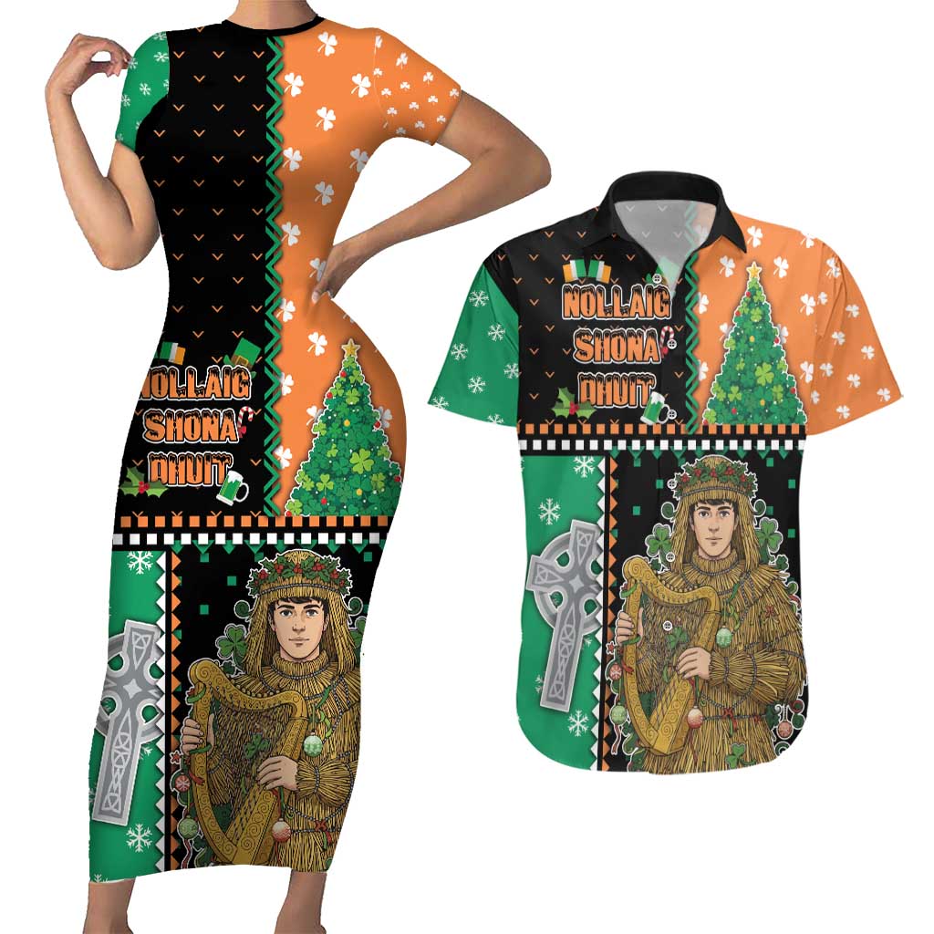 Ireland Christmas Couples Matching Short Sleeve Bodycon Dress and Hawaiian Shirt Wren Boy With Shamrock Xmas Tree - Wonder Print Shop