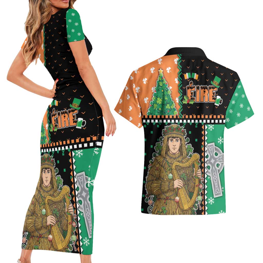 Ireland Christmas Couples Matching Short Sleeve Bodycon Dress and Hawaiian Shirt Wren Boy With Shamrock Xmas Tree - Wonder Print Shop