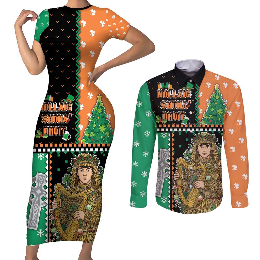 Ireland Christmas Couples Matching Short Sleeve Bodycon Dress and Long Sleeve Button Shirt Wren Boy With Shamrock Xmas Tree - Wonder Print Shop