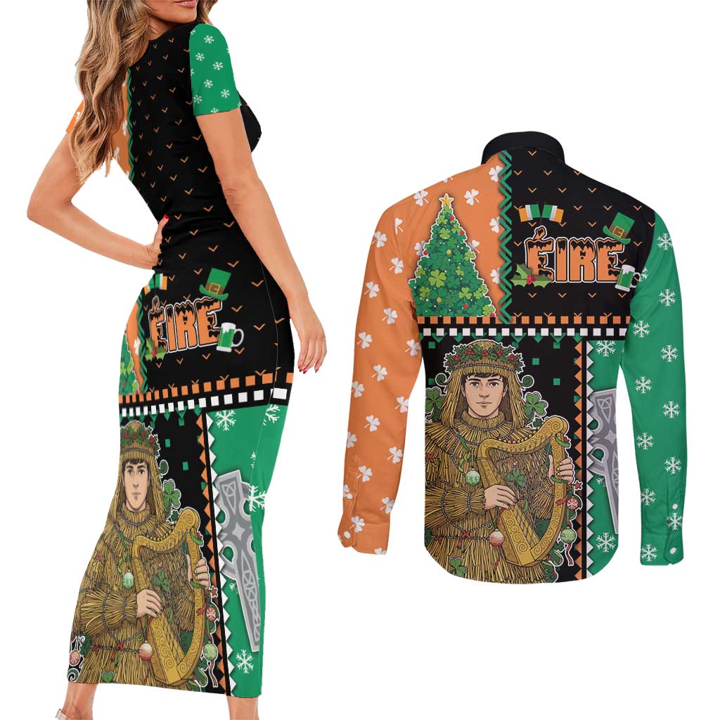 Ireland Christmas Couples Matching Short Sleeve Bodycon Dress and Long Sleeve Button Shirt Wren Boy With Shamrock Xmas Tree - Wonder Print Shop