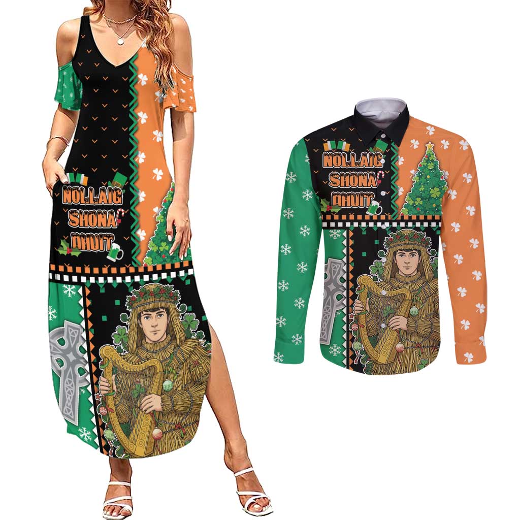 Ireland Christmas Couples Matching Summer Maxi Dress and Long Sleeve Button Shirt Wren Boy With Shamrock Xmas Tree - Wonder Print Shop