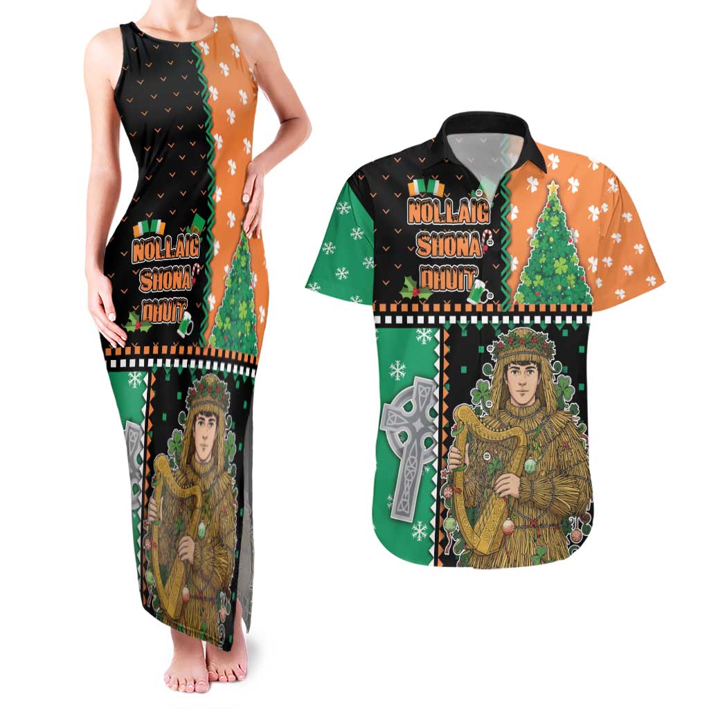 Ireland Christmas Couples Matching Tank Maxi Dress and Hawaiian Shirt Wren Boy With Shamrock Xmas Tree - Wonder Print Shop