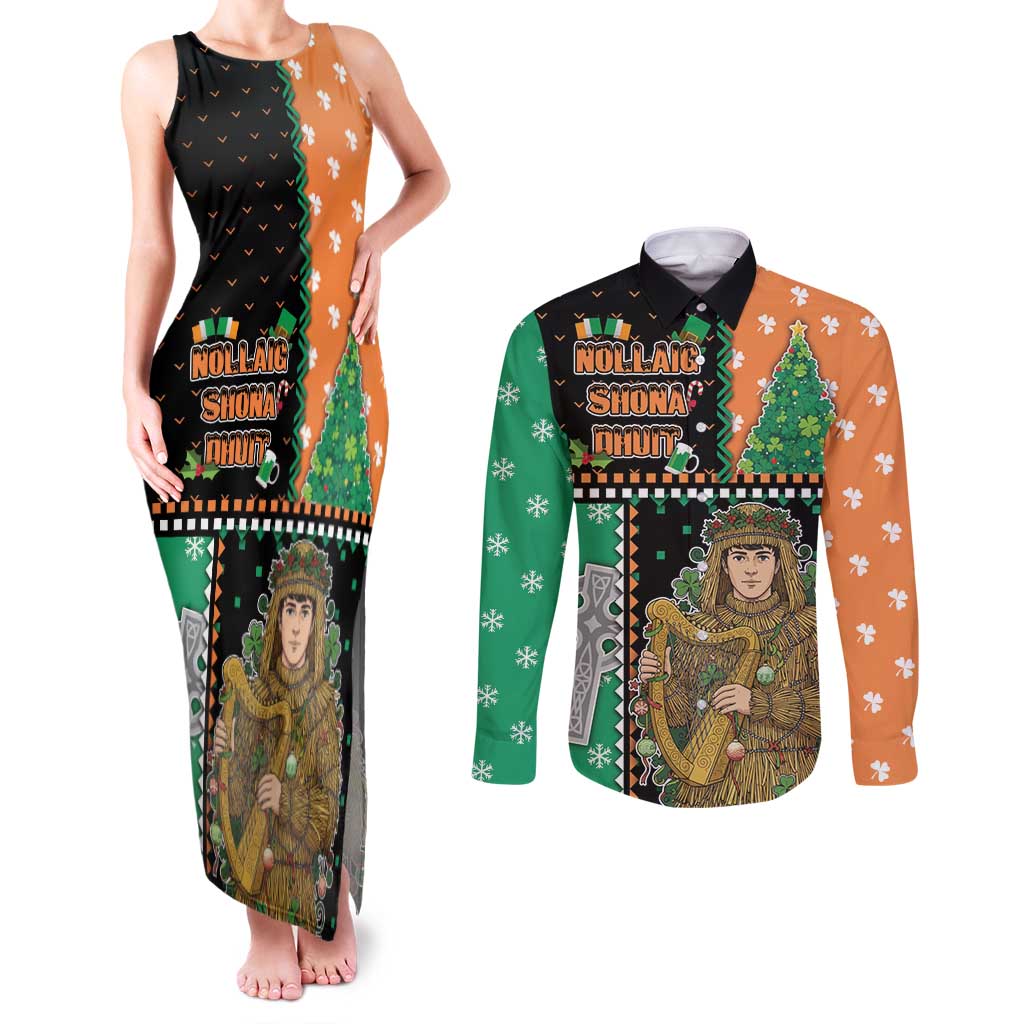 Ireland Christmas Couples Matching Tank Maxi Dress and Long Sleeve Button Shirt Wren Boy With Shamrock Xmas Tree - Wonder Print Shop