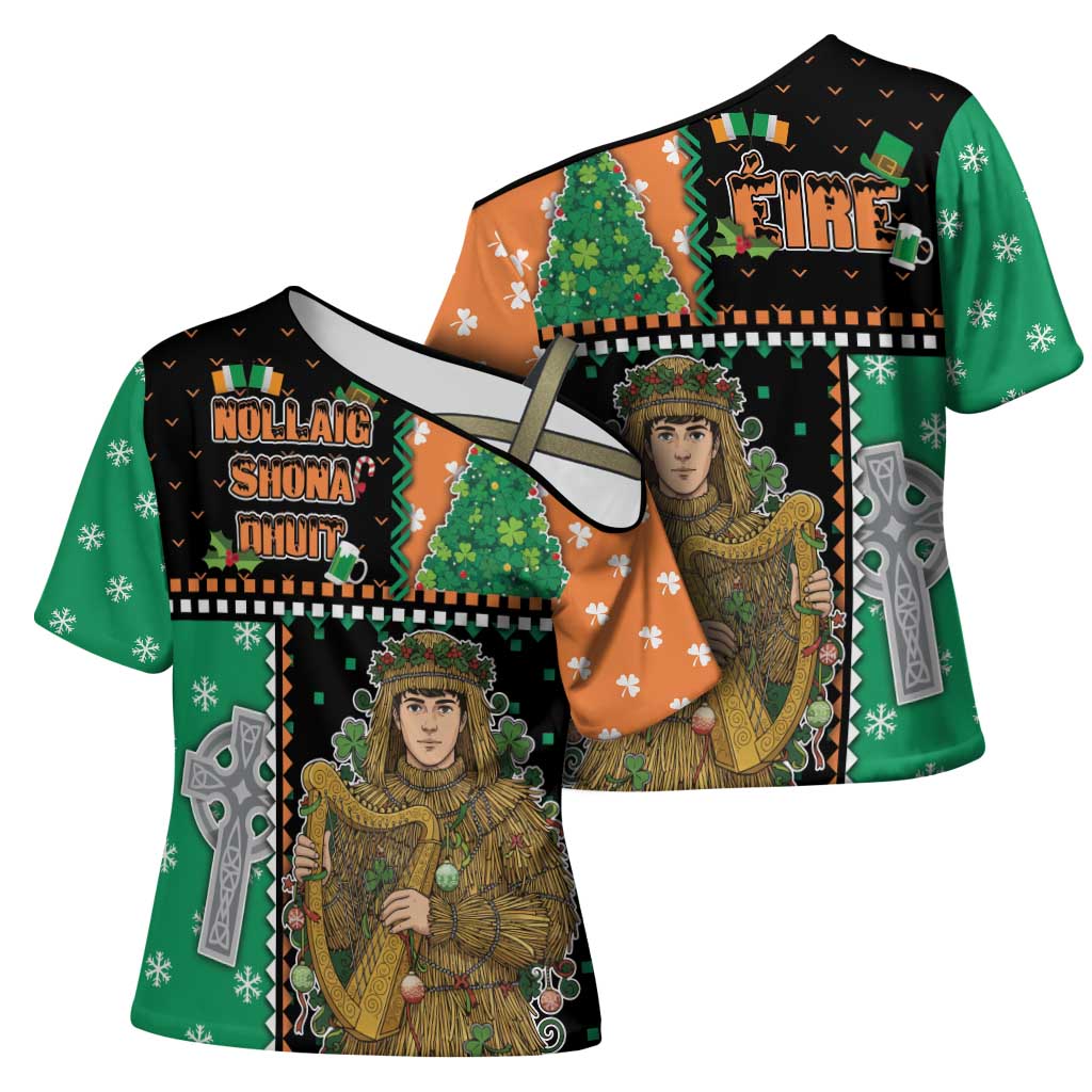 Ireland Christmas Cross Shoulder Shirt Wren Boy With Shamrock Xmas Tree - Wonder Print Shop