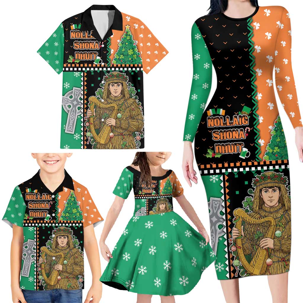 Ireland Christmas Family Matching Long Sleeve Bodycon Dress and Hawaiian Shirt Wren Boy With Shamrock Xmas Tree - Wonder Print Shop