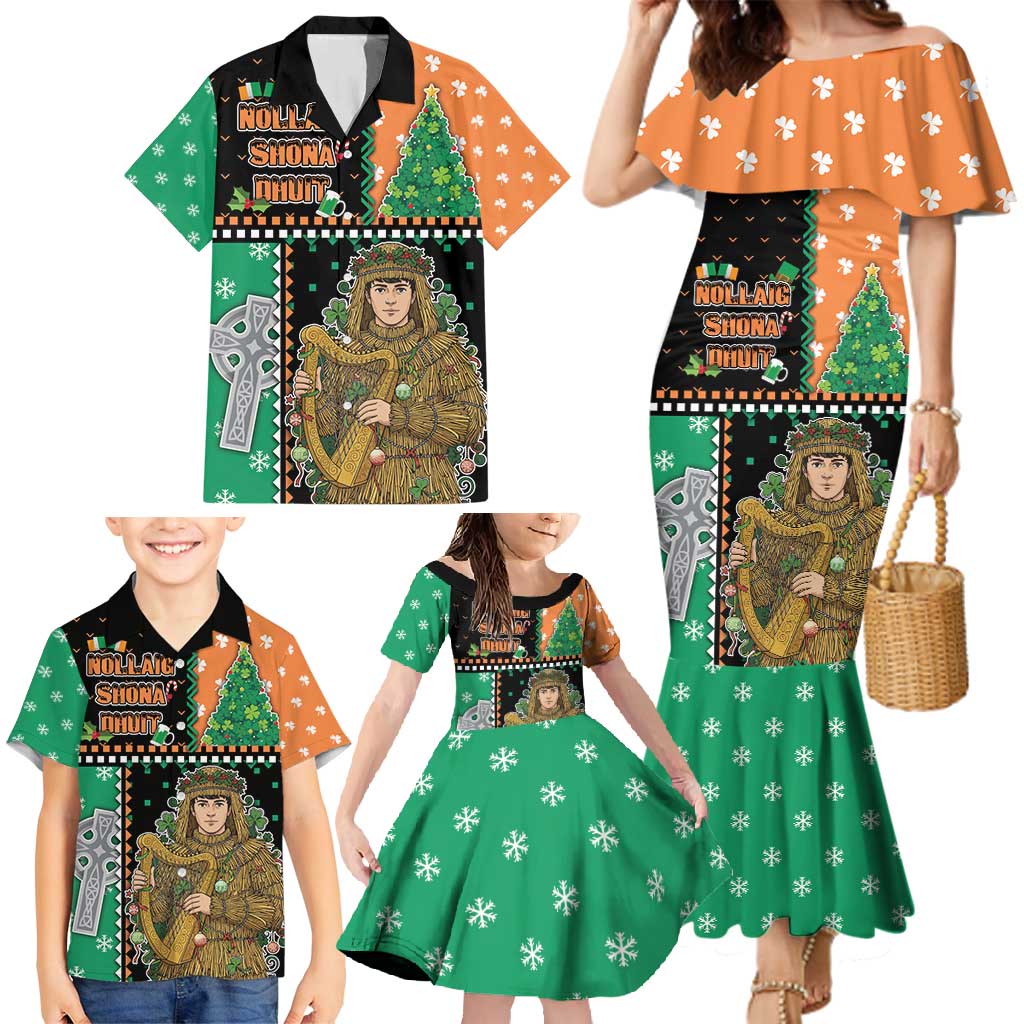 Ireland Christmas Family Matching Mermaid Dress and Hawaiian Shirt Wren Boy With Shamrock Xmas Tree - Wonder Print Shop