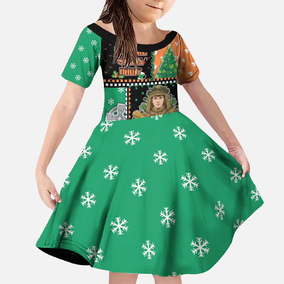 Ireland Christmas Family Matching Off The Shoulder Long Sleeve Dress and Hawaiian Shirt Wren Boy With Shamrock Xmas Tree - Wonder Print Shop