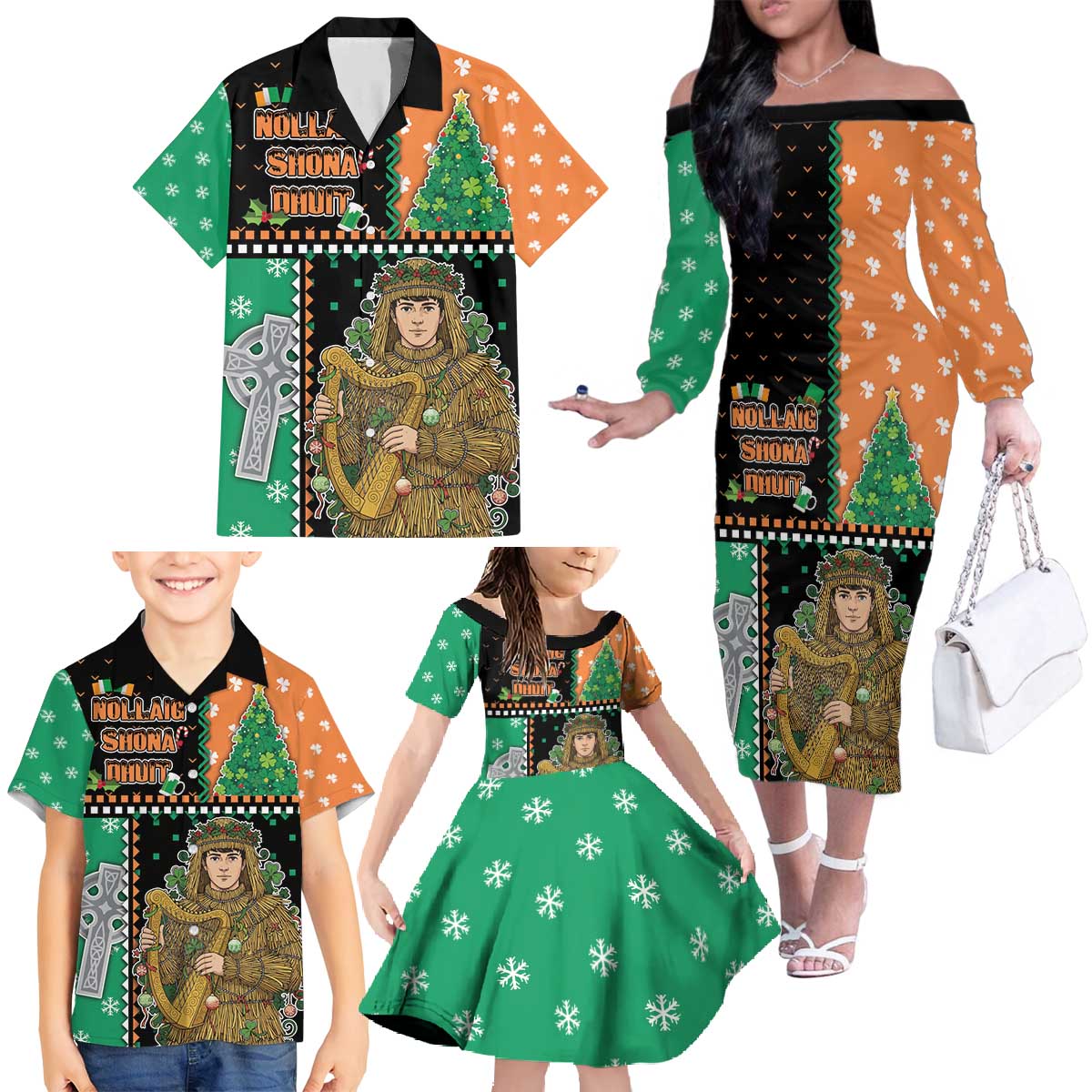 Ireland Christmas Family Matching Off The Shoulder Long Sleeve Dress and Hawaiian Shirt Wren Boy With Shamrock Xmas Tree - Wonder Print Shop