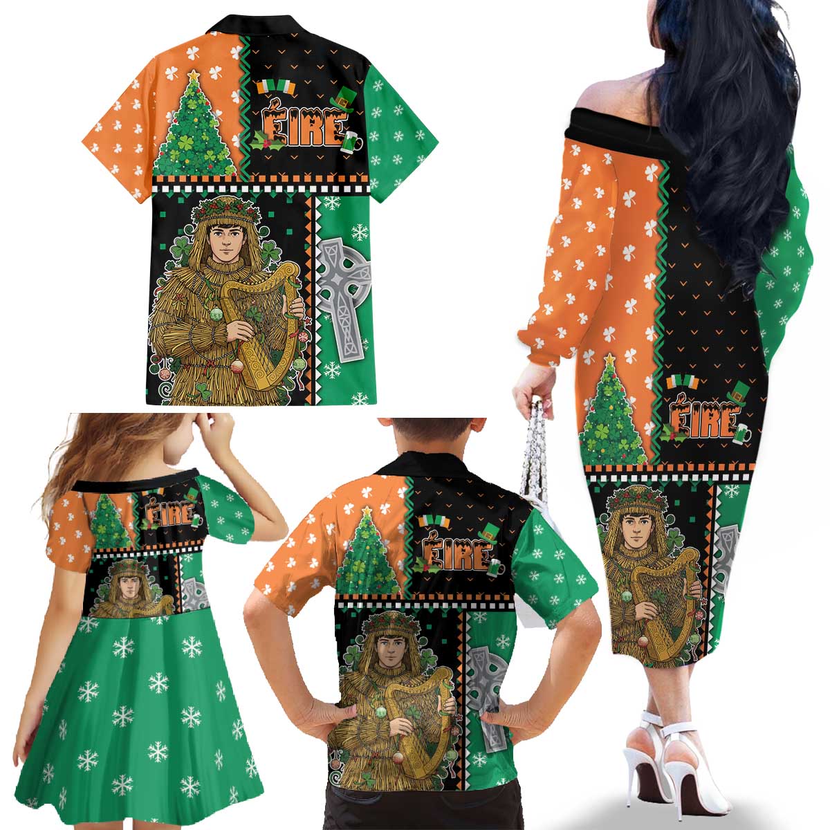 Ireland Christmas Family Matching Off The Shoulder Long Sleeve Dress and Hawaiian Shirt Wren Boy With Shamrock Xmas Tree - Wonder Print Shop