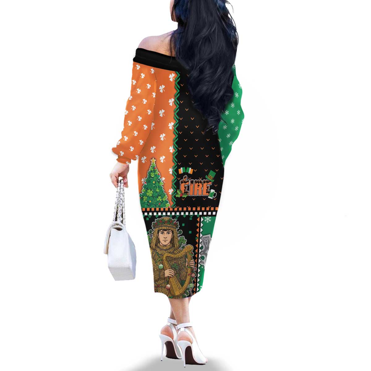 Ireland Christmas Family Matching Off The Shoulder Long Sleeve Dress and Hawaiian Shirt Wren Boy With Shamrock Xmas Tree - Wonder Print Shop