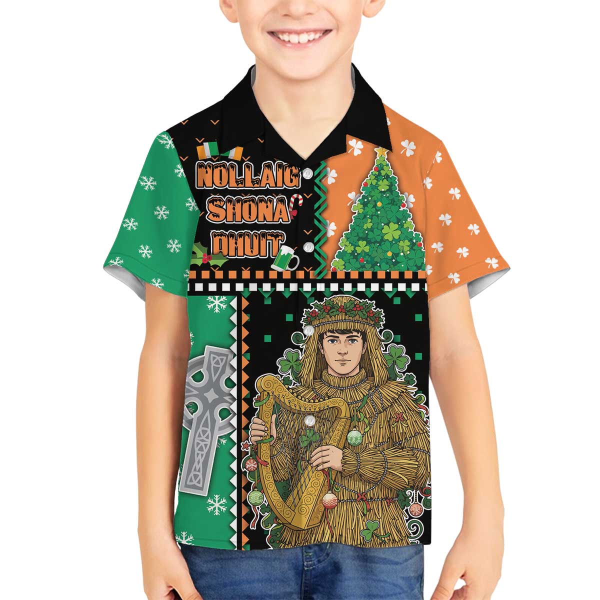 Ireland Christmas Family Matching Off The Shoulder Long Sleeve Dress and Hawaiian Shirt Wren Boy With Shamrock Xmas Tree - Wonder Print Shop