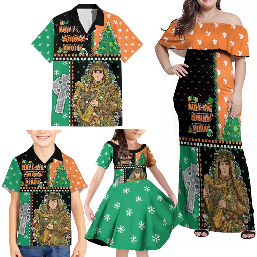 Ireland Christmas Family Matching Off Shoulder Maxi Dress and Hawaiian Shirt Wren Boy With Shamrock Xmas Tree - Wonder Print Shop