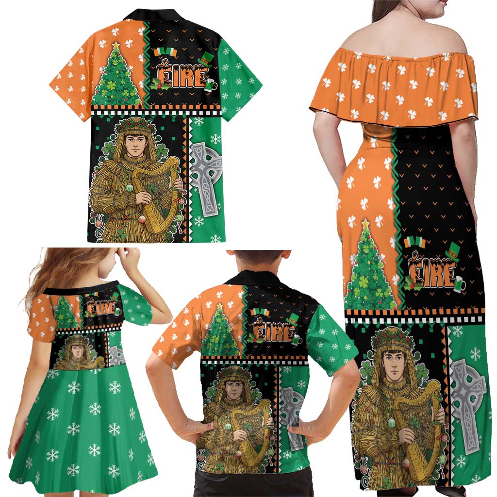 Ireland Christmas Family Matching Off Shoulder Maxi Dress and Hawaiian Shirt Wren Boy With Shamrock Xmas Tree - Wonder Print Shop