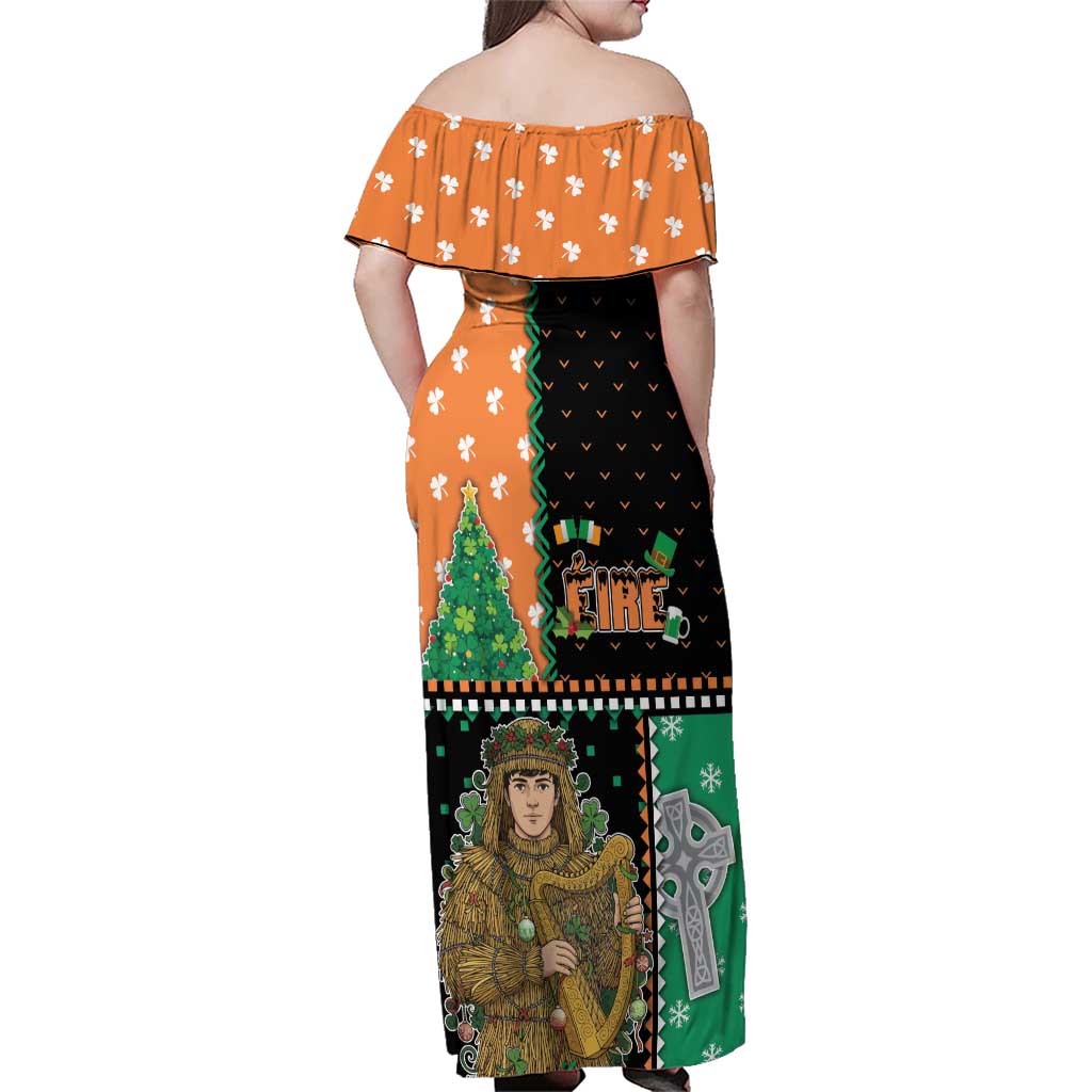 Ireland Christmas Family Matching Off Shoulder Maxi Dress and Hawaiian Shirt Wren Boy With Shamrock Xmas Tree - Wonder Print Shop