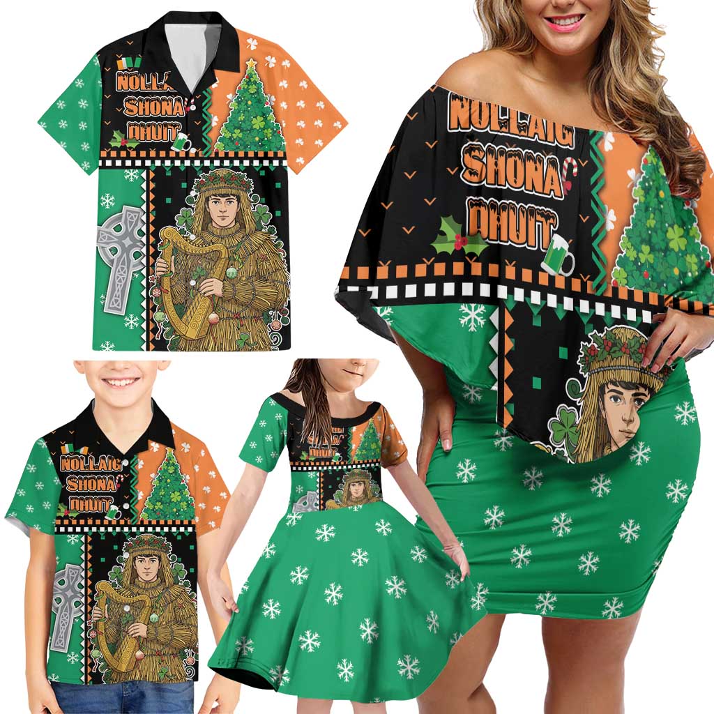 Ireland Christmas Family Matching Off Shoulder Short Dress and Hawaiian Shirt Wren Boy With Shamrock Xmas Tree - Wonder Print Shop