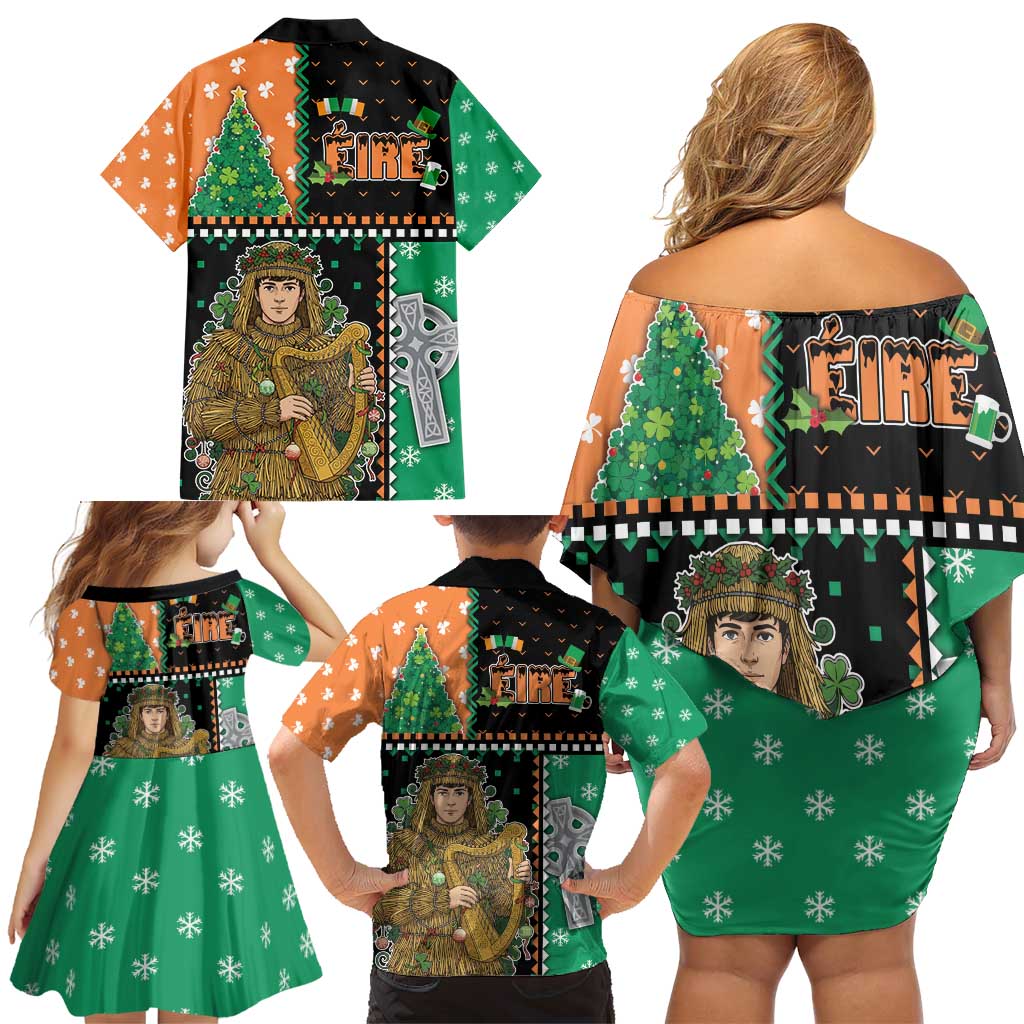 Ireland Christmas Family Matching Off Shoulder Short Dress and Hawaiian Shirt Wren Boy With Shamrock Xmas Tree - Wonder Print Shop