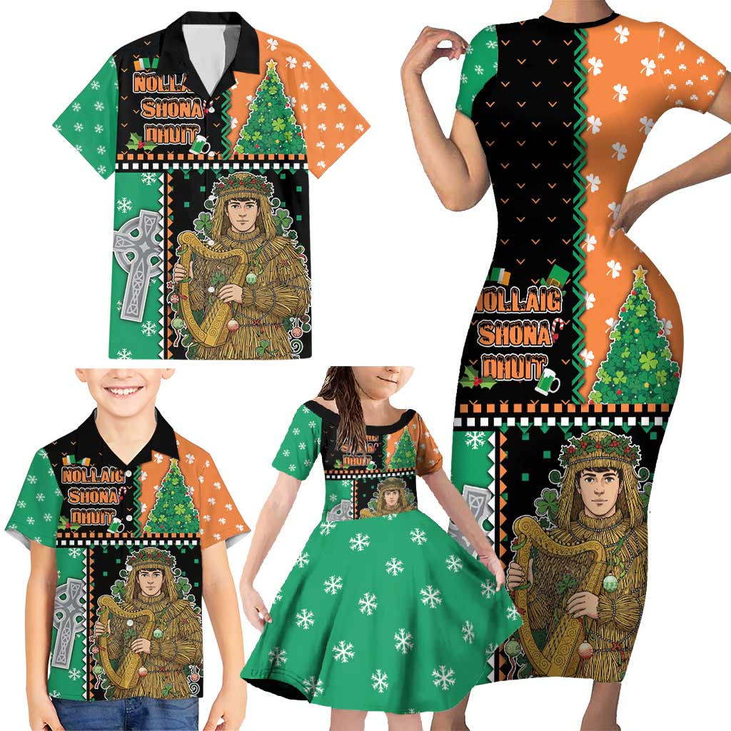 Ireland Christmas Family Matching Short Sleeve Bodycon Dress and Hawaiian Shirt Wren Boy With Shamrock Xmas Tree - Wonder Print Shop