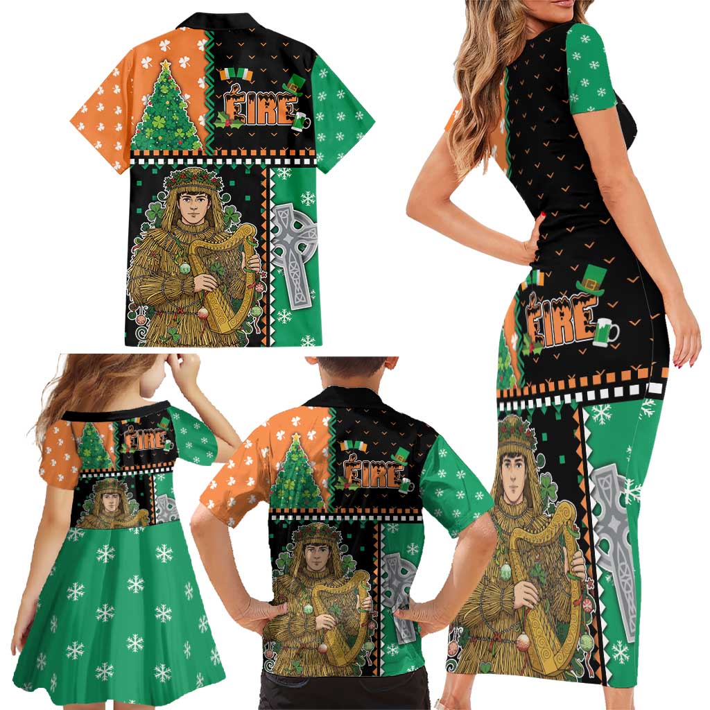 Ireland Christmas Family Matching Short Sleeve Bodycon Dress and Hawaiian Shirt Wren Boy With Shamrock Xmas Tree - Wonder Print Shop
