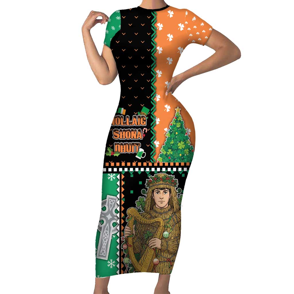 Ireland Christmas Family Matching Short Sleeve Bodycon Dress and Hawaiian Shirt Wren Boy With Shamrock Xmas Tree - Wonder Print Shop