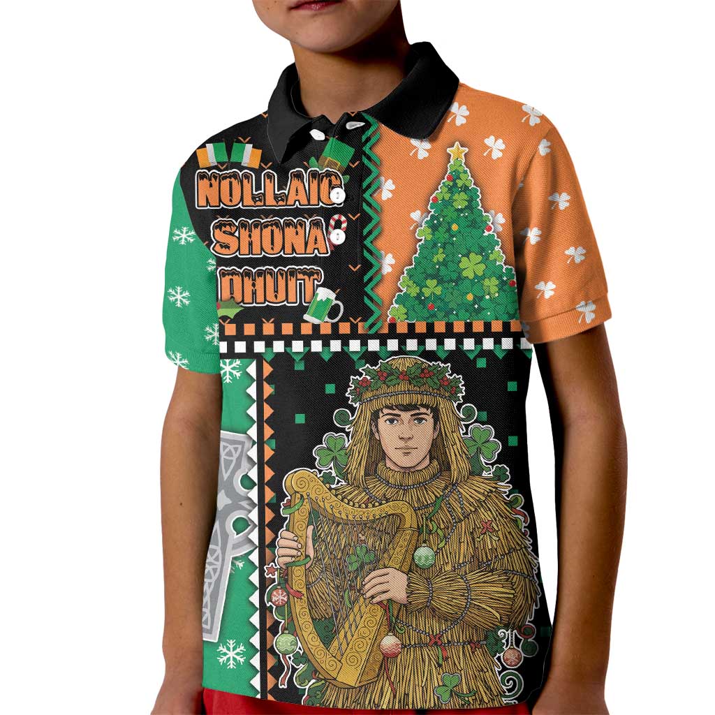 Ireland Christmas Kid Polo Shirt Wren Boy With Shamrock Xmas Tree - Wonder Print Shop