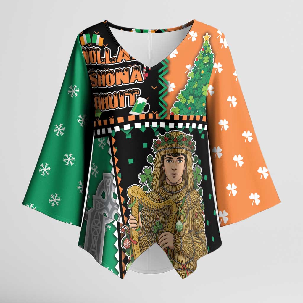 Ireland Christmas Kimono Sleeve Blouse Wren Boy With Shamrock Xmas Tree - Wonder Print Shop