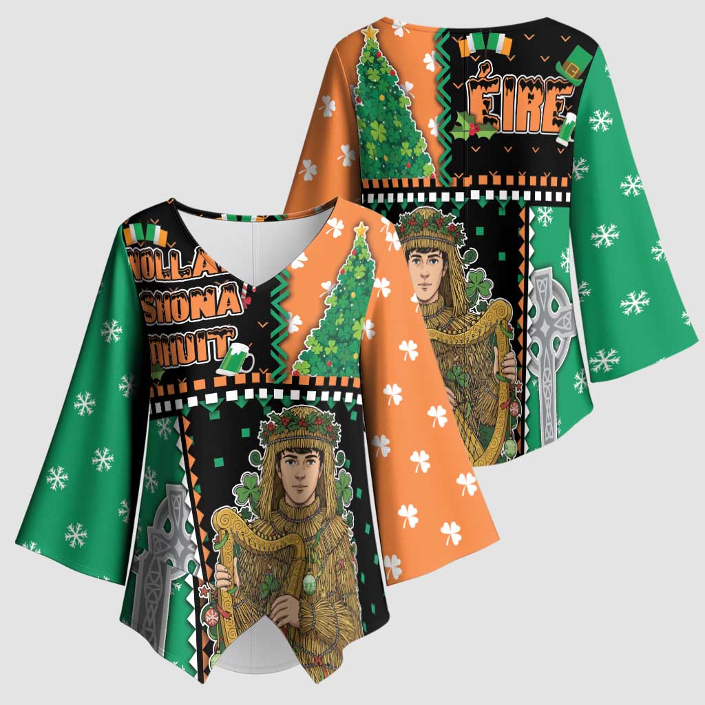 Ireland Christmas Kimono Sleeve Blouse Wren Boy With Shamrock Xmas Tree - Wonder Print Shop