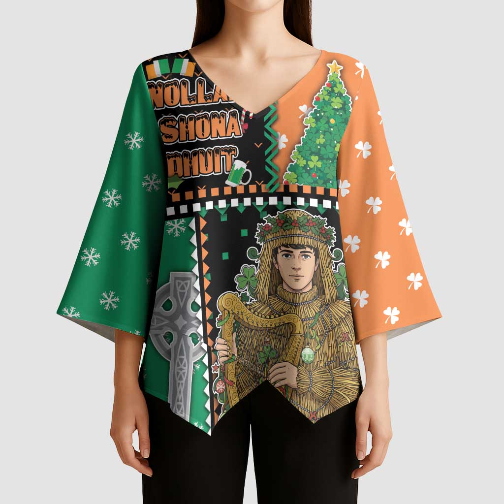 Ireland Christmas Kimono Sleeve Blouse Wren Boy With Shamrock Xmas Tree - Wonder Print Shop