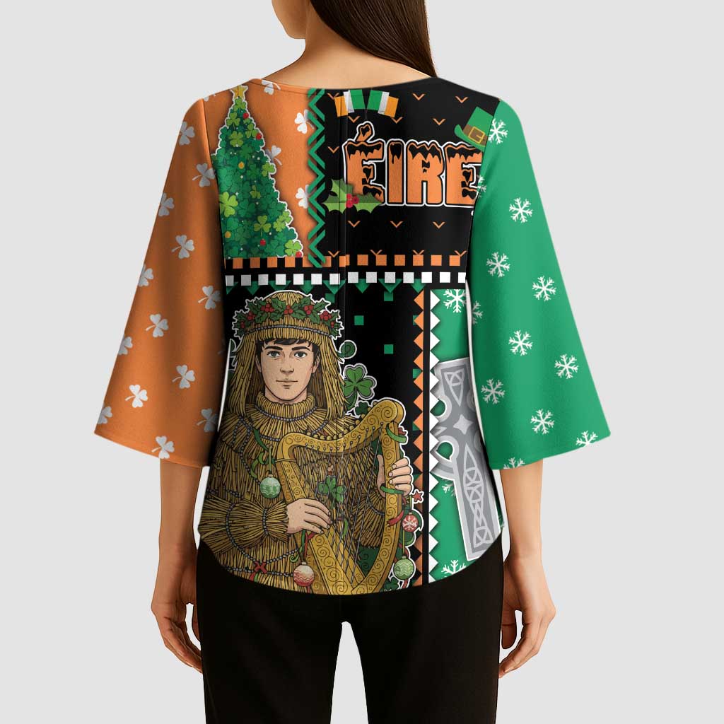 Ireland Christmas Kimono Sleeve Blouse Wren Boy With Shamrock Xmas Tree - Wonder Print Shop