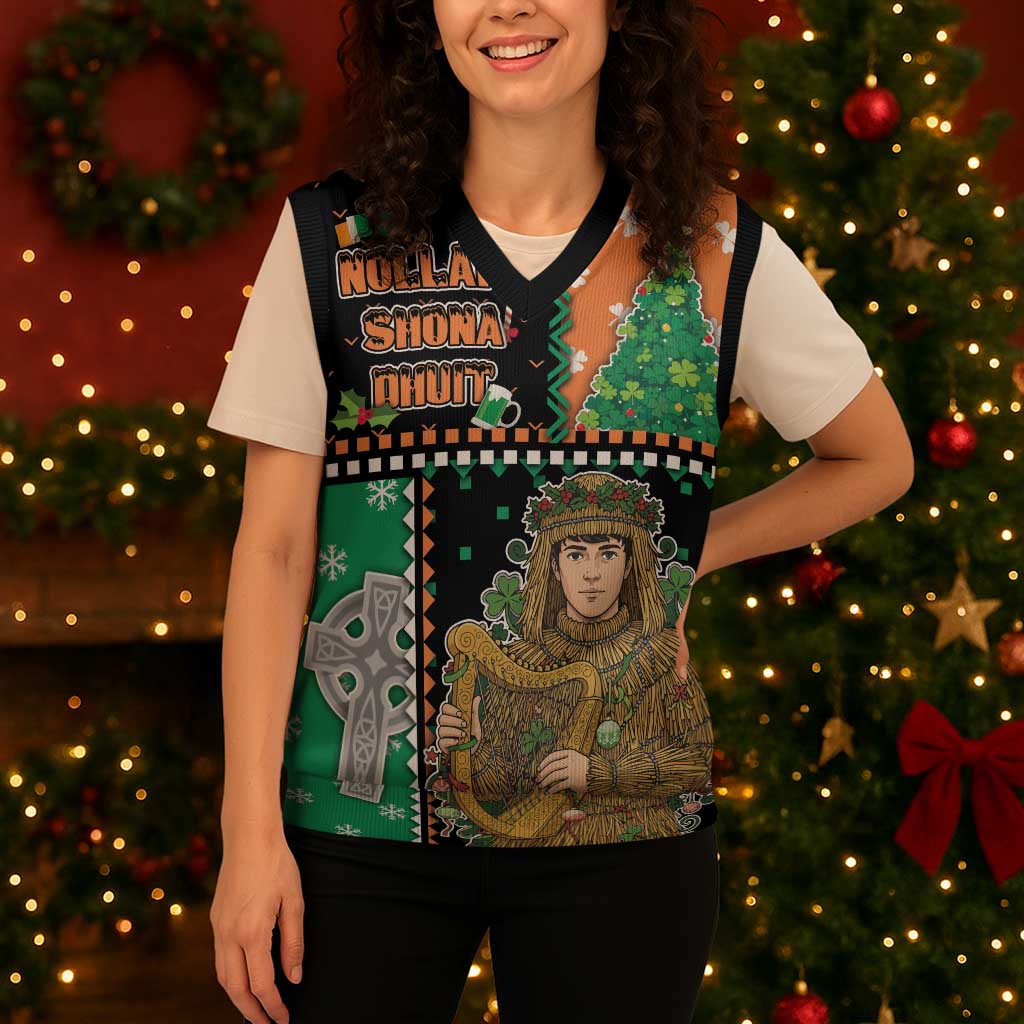 Ireland Christmas Knitted V-Neck Vest Wren Boy With Shamrock Xmas Tree - Wonder Print Shop