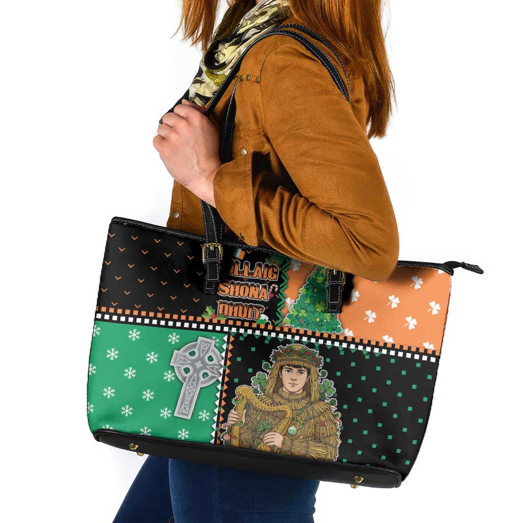 Ireland Christmas Leather Tote Bag Wren Boy With Shamrock Xmas Tree - Wonder Print Shop