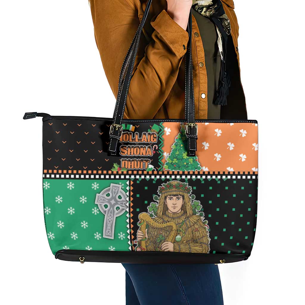 Ireland Christmas Leather Tote Bag Wren Boy With Shamrock Xmas Tree - Wonder Print Shop