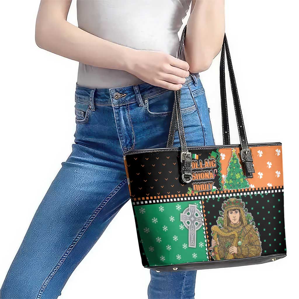 Ireland Christmas Leather Tote Bag Wren Boy With Shamrock Xmas Tree - Wonder Print Shop