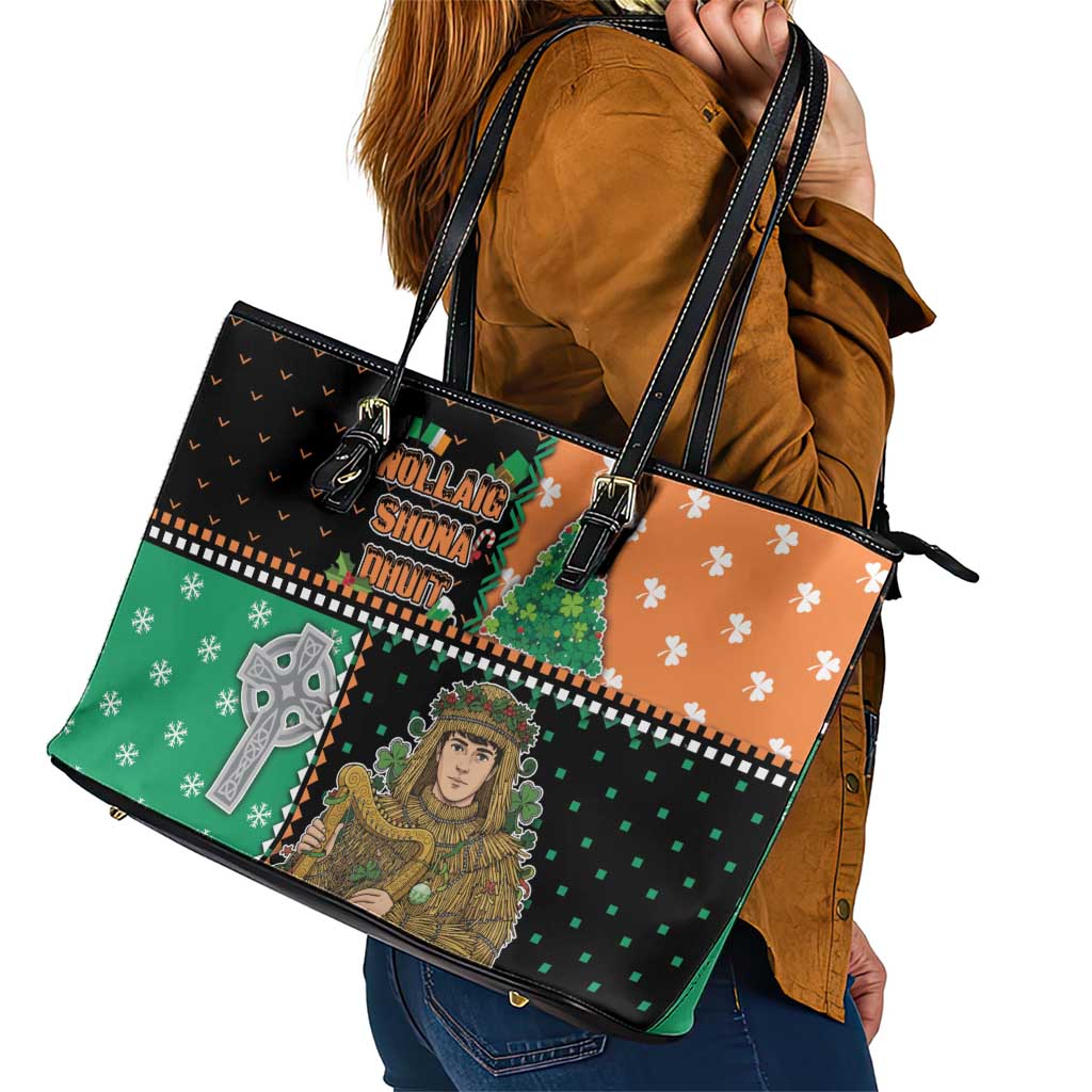 Ireland Christmas Leather Tote Bag Wren Boy With Shamrock Xmas Tree - Wonder Print Shop