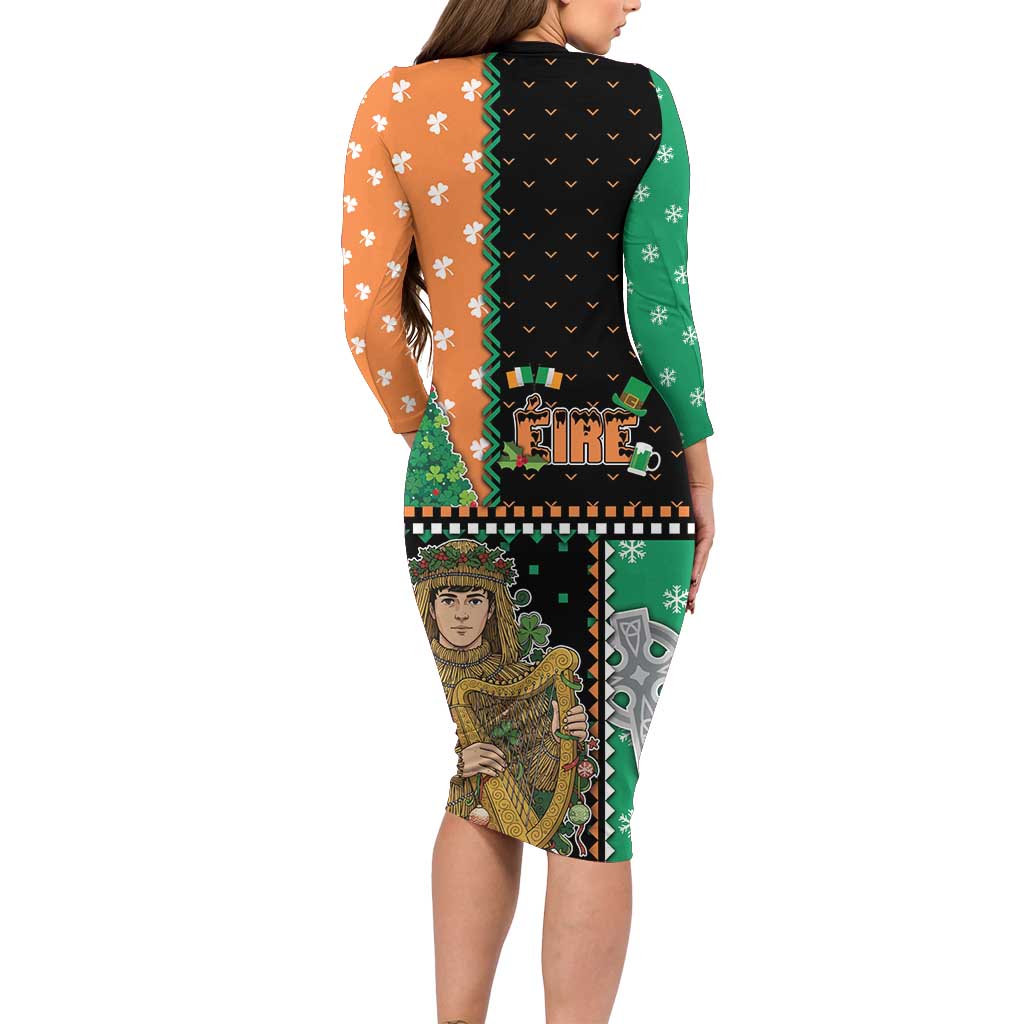 Ireland Christmas Long Sleeve Bodycon Dress Wren Boy With Shamrock Xmas Tree - Wonder Print Shop