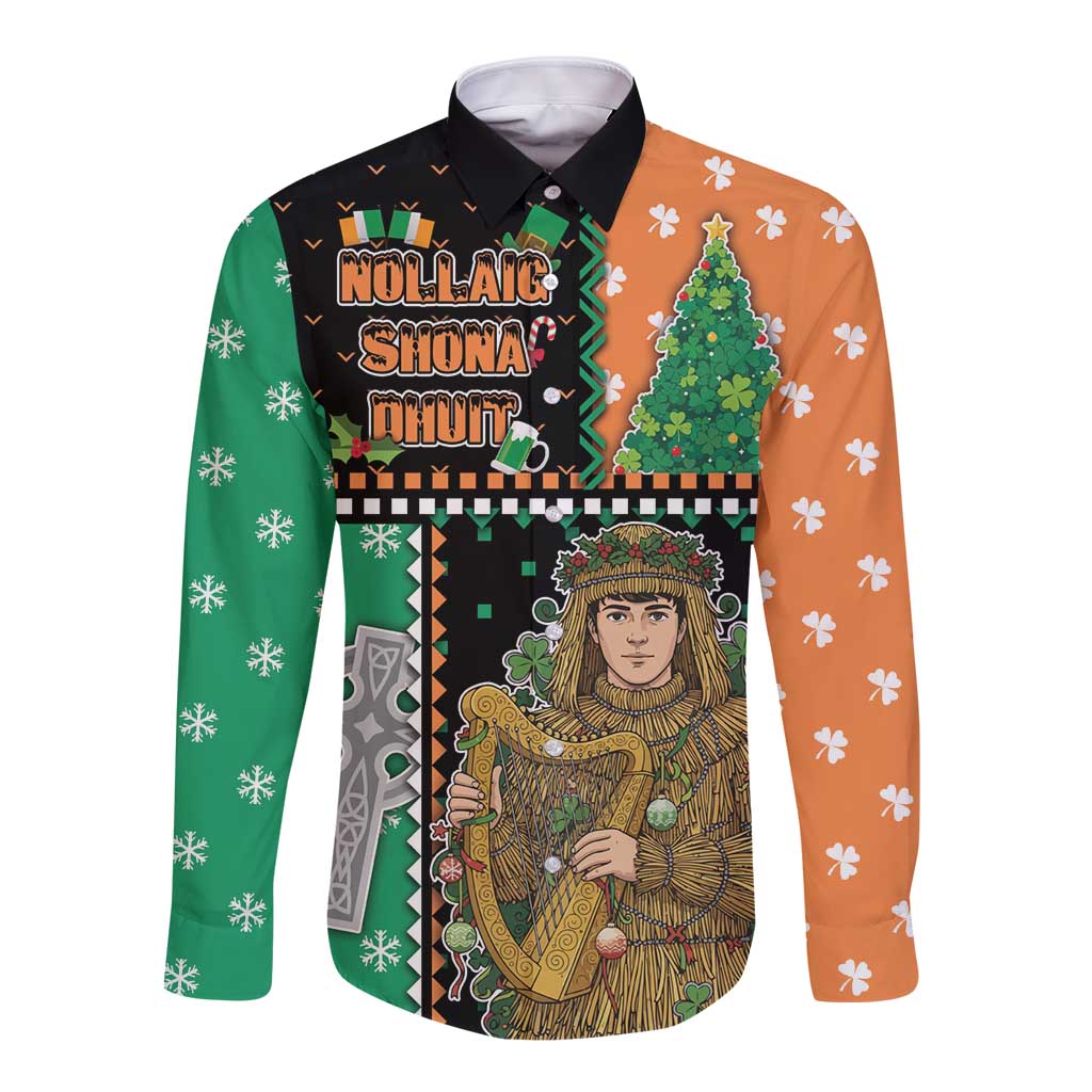 Ireland Christmas Long Sleeve Button Shirt Wren Boy With Shamrock Xmas Tree - Wonder Print Shop