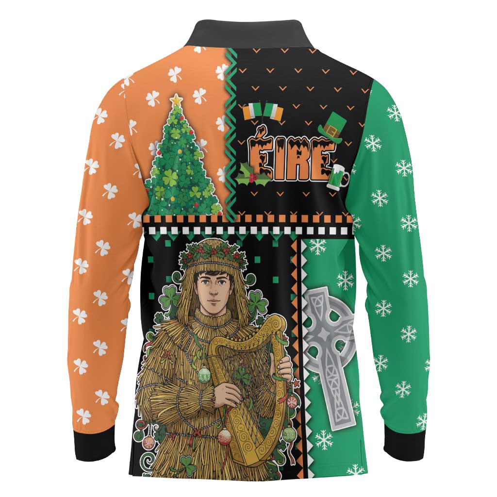 Ireland Christmas Long Sleeve Polo Shirt Wren Boy With Shamrock Xmas Tree - Wonder Print Shop