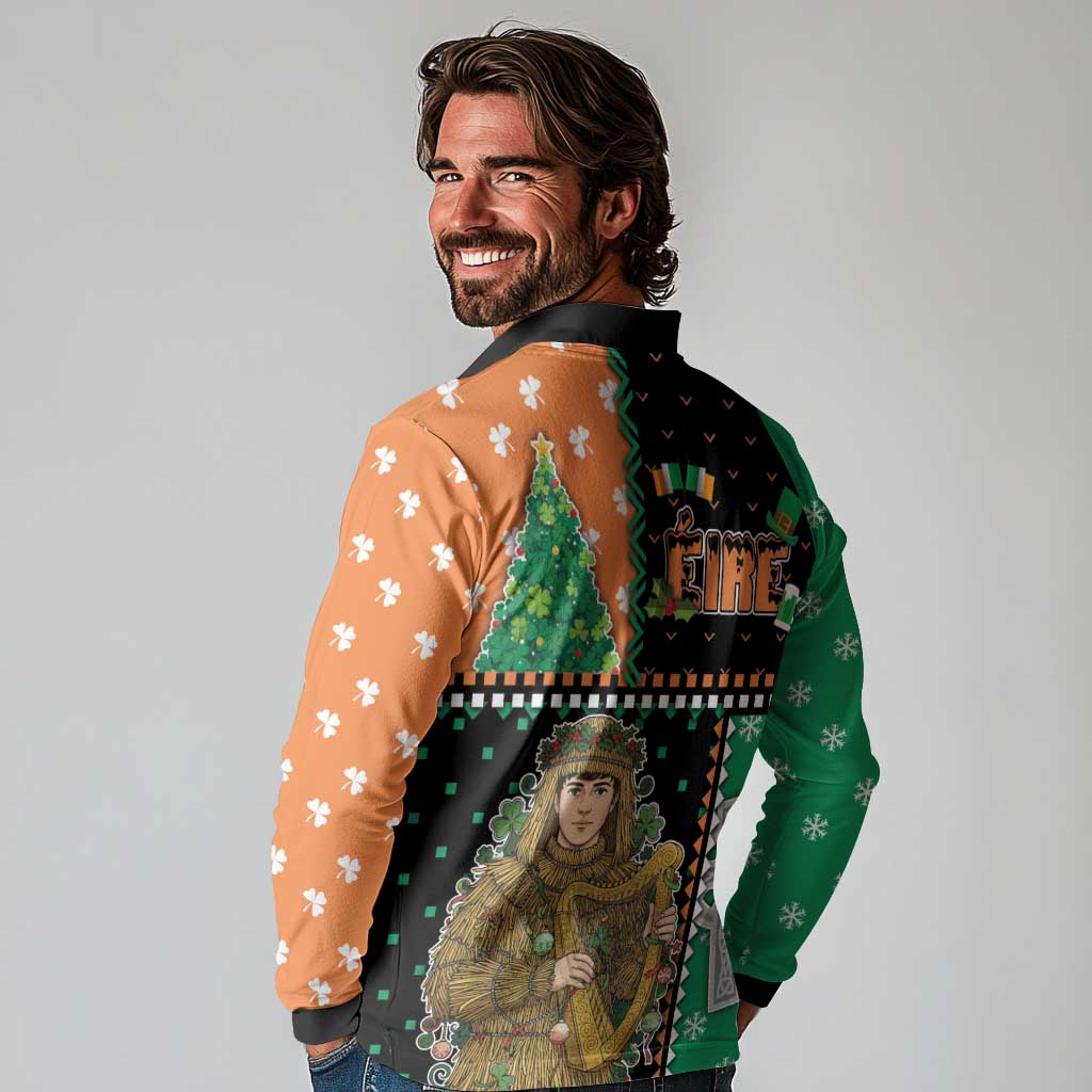 Ireland Christmas Long Sleeve Polo Shirt Wren Boy With Shamrock Xmas Tree - Wonder Print Shop